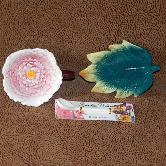 Corner Ruby Garden Collection Pink Peony Flower Tea Cup Leaf Saucer & Spoon NWT - Picture 8 of 9